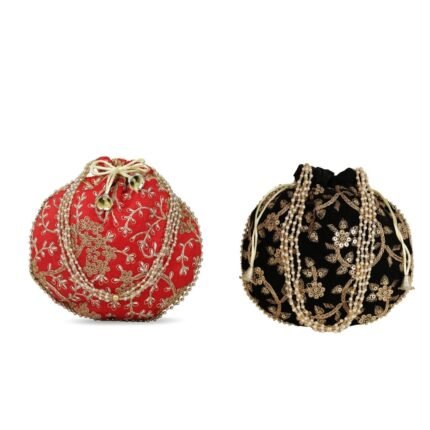 Combo - Designer Embroidered Potli Bag - Red & Black